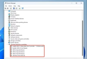 درگاه‌های USB در مدیریت دستگاه برجسته شده‌اند.