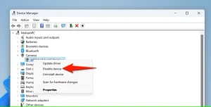 "غیرفعال کردن دستگاه" برای یک وب کم در مدیریت دستگاه برجسته شده است.