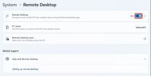 کلید "Remote Desktop" در تنظیمات برجسته شده است.