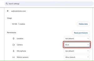 «Block» برای دسترسی به وبکم در Chrome برجسته شده است.