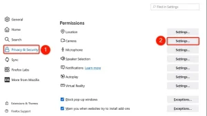 "Privacy & Security" و "Settings" در فایرفاکس برجسته شده اند.