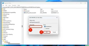 "Value Data" و "OK" برای "NoPhysicalCameraLED" در ویرایشگر رجیستری برجسته شده است.