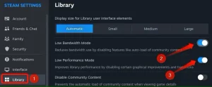 روشن کردن حالت پهنای باند کم و عملکرد کم در تنظیمات Steam.