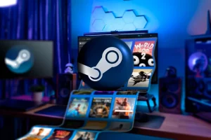 یک کامپیوتر بازی با چندین بازی Steam که از صفحه نمایش بیرون می آید و لوگوی Steam در مرکز آن قرار دارد.