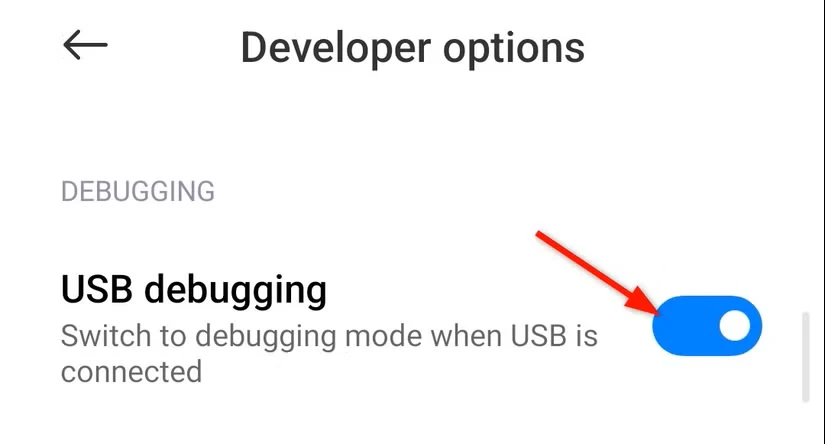 فعال کردن "اشکال زدایی USB" در گزینه توسعه دهنده اندروید.