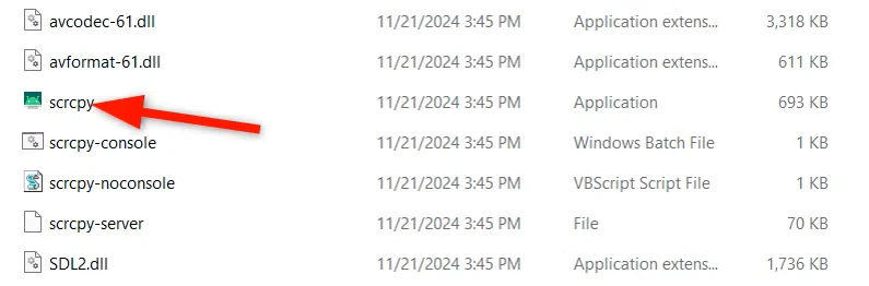 در حال اجرا فایل اجرای scrcpy.
