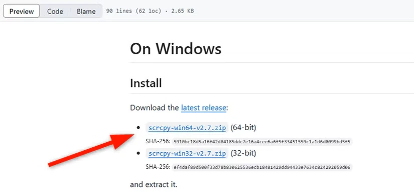 دانلود scrcpy از صفحه دانلود Github.