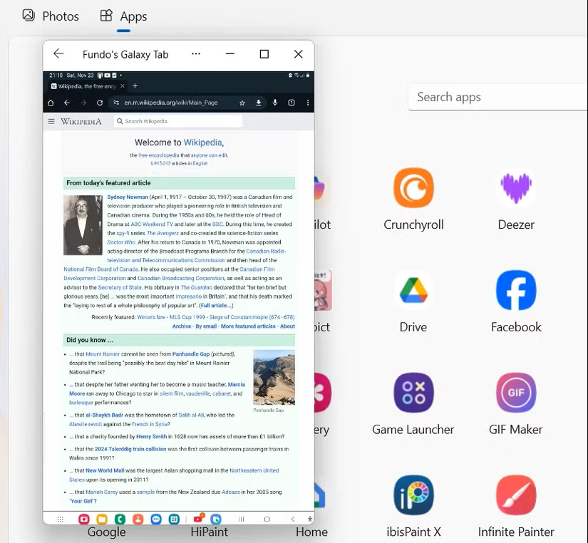 انعکاس صفحه گوشی اندروید با استفاده از "Phone Link" در ویندوز.