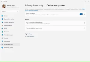 صفحه تنظیمات ویندوز 11 برای فعال کردن رمزگذاری دستگاه