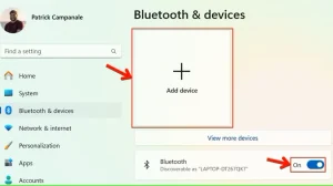 پنل تنظیمات ویندوز 11 نحوه روشن کردن بلوتوث و افزودن دستگاه جدید را نشان می دهد.
