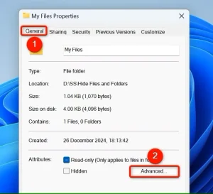 "General" و "Advanced" در پنجره "Properties" برجسته شده اند.