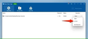 "Unhide" برای یک پوشه در Wise Folder Hider برجسته شده است."Unhide" برای یک پوشه در Wise Folder Hider برجسته شده است.