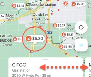 قیمت بنزین در Google Maps موبایل.
