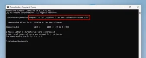 دستور فشرده سازی یک فایل یا پوشه که در Command Prompt تایپ شده است.