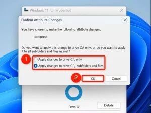 "Apply Changes to Drive X:\, Subfolders and Files" و "OK" در پنجره "Confirm Attribute Changes" برجسته شده است.