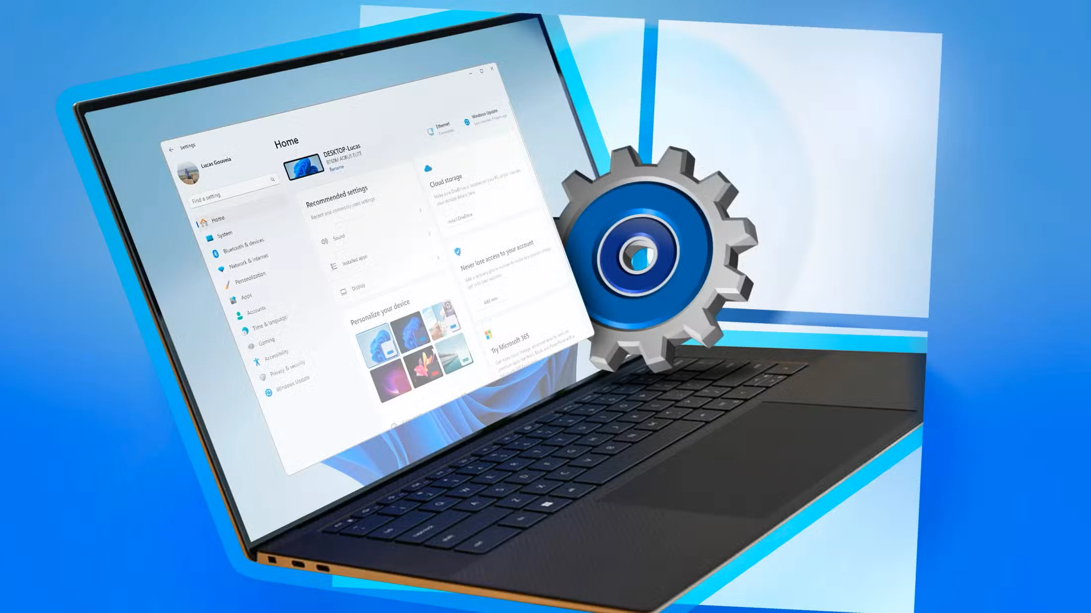 یک لپ تاپ ویندوزی با علامت چرخ دنده