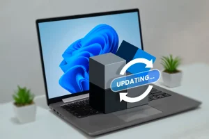 
یک لپ تاپ با ویندوز 11 و یک نماد برنامه در بالای صفحه کلید با نماد به روز رسانی.
