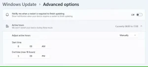 تنظیمات ساعات فعال در برنامه تنظیمات ویندوز.