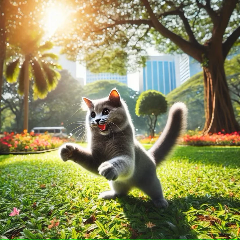 تصویر ایجاد شده توسط هوش مصنوعی از یک گربه خاکستری در پارک.