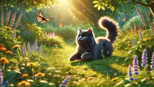 تصویری که توسط هوش مصنوعی از یک گربه خاکستری بازیگوش در یک پارک در طول روز تولید شده است.