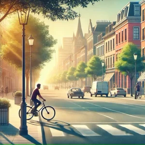 تصویری که توسط هوش مصنوعی از خیابانی با دوچرخه سواری در حال حرکت در آن است.