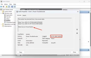 پنجره Event Properties در Event Viewer.