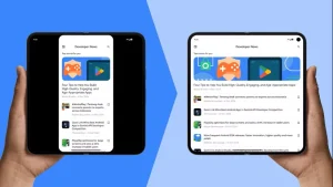 یک برنامه اندروید با نوارهای سیاه در سمت چپ و راست روی یک تاشو، به نمای تمام عرض تغییر یافته است.
گوگل
