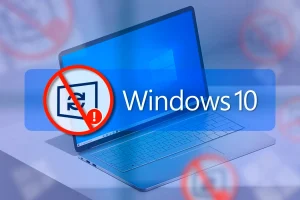 
لپ‌تاپ با ویندوز 10 و نماد «بدون به‌روزرسانی» در کنار متن «ویندوز 10».
