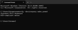 فرمان powercfg -devicequery wake_armed در پنجره Command Prompt.