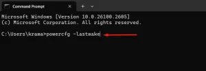 دستور powercfg -lastwake در پنجره Command Prompt.