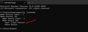 نتیجه powercfg -lastwake در پنجره Command Prompt.