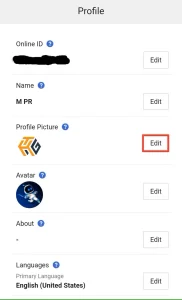 تصویری از وب سایت پلی استیشن با دکمه ویرایش عکس نمایه که با رنگ قرمز مشخص شده است.