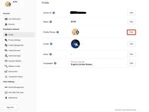 تصویری از برنامه PlayStation، با دکمه "ویرایش" عکس نمایه که با رنگ قرمز برجسته شده است.
