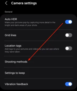 گزینه "روش های عکاسی" در تنظیمات دوربین سامسونگ.