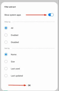 منوی پاپ آپ با گزینه انتخاب «نمایش برنامه های سیستم