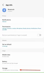 گزینه Storage در صفحه اطلاعات برنامه بلوتوث.
