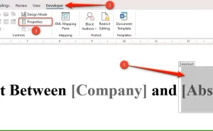 فیلد Abstract در یک سند Word انتخاب می شود و نماد Properties در تب Developer برجسته می شود.