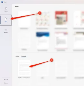صفحه خوش آمدگویی مایکروسافت ورد، با الگوی قرارداد استخدامی که از طریق برگه جدید قابل دسترسی است.