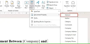 کشویی Quick Parts در Microsoft Word، با انتخاب گزینه Abstract در منوی Document Properties.