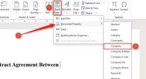 کشویی Quick Parts در Microsoft Word، با انتخاب گزینه Company در منوی Document Properties.