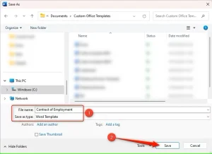 کادر محاوره ای ذخیره به عنوان در مایکروسافت ورد، با نام فایل به «قرارداد استخدام» و نوع آن به «الگوی ورد» تغییر یافته است.
