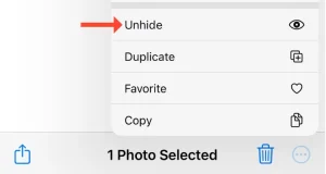 اسکرین شات دکمه Unhide در آلبوم Hidden.