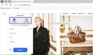 «افزودن فایلها» و «افزودن پوشهها» که در WeTransfer برجسته شدهاند.