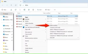 7-Zip > افزودن به بایگانی برای یک فایل PDF برجسته شده است.
