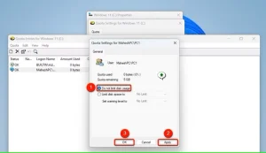 "استفاده از دیسک را محدود نکنید"، "اعمال" و "OK" در پنجره تنظیمات سهمیه برجسته شده است.