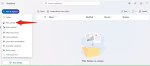 جدید و آپلود > بارگذاری فایلها در OneDrive برجسته شده است.