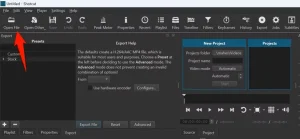 "Open File" در Shotcut برجسته شده است.