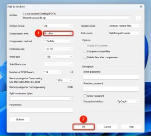 "سطح فشرده سازی" و "OK" در پنجره "افزودن به بایگانی" برجسته شده است.