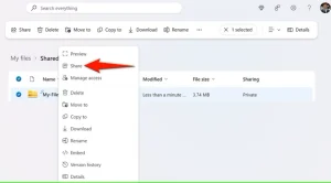 "اشتراک گذاری" برای یک فایل در OneDrive برجسته شده است.