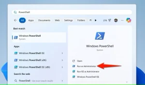 "اجرا به عنوان مدیر" برای PowerShell در جستجوی ویندوز برجسته شده است.
